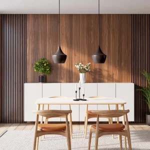 WS Diamond Walnut and Ribbon-Wood Diamond Walnut with Black RecoSilent in dining room
